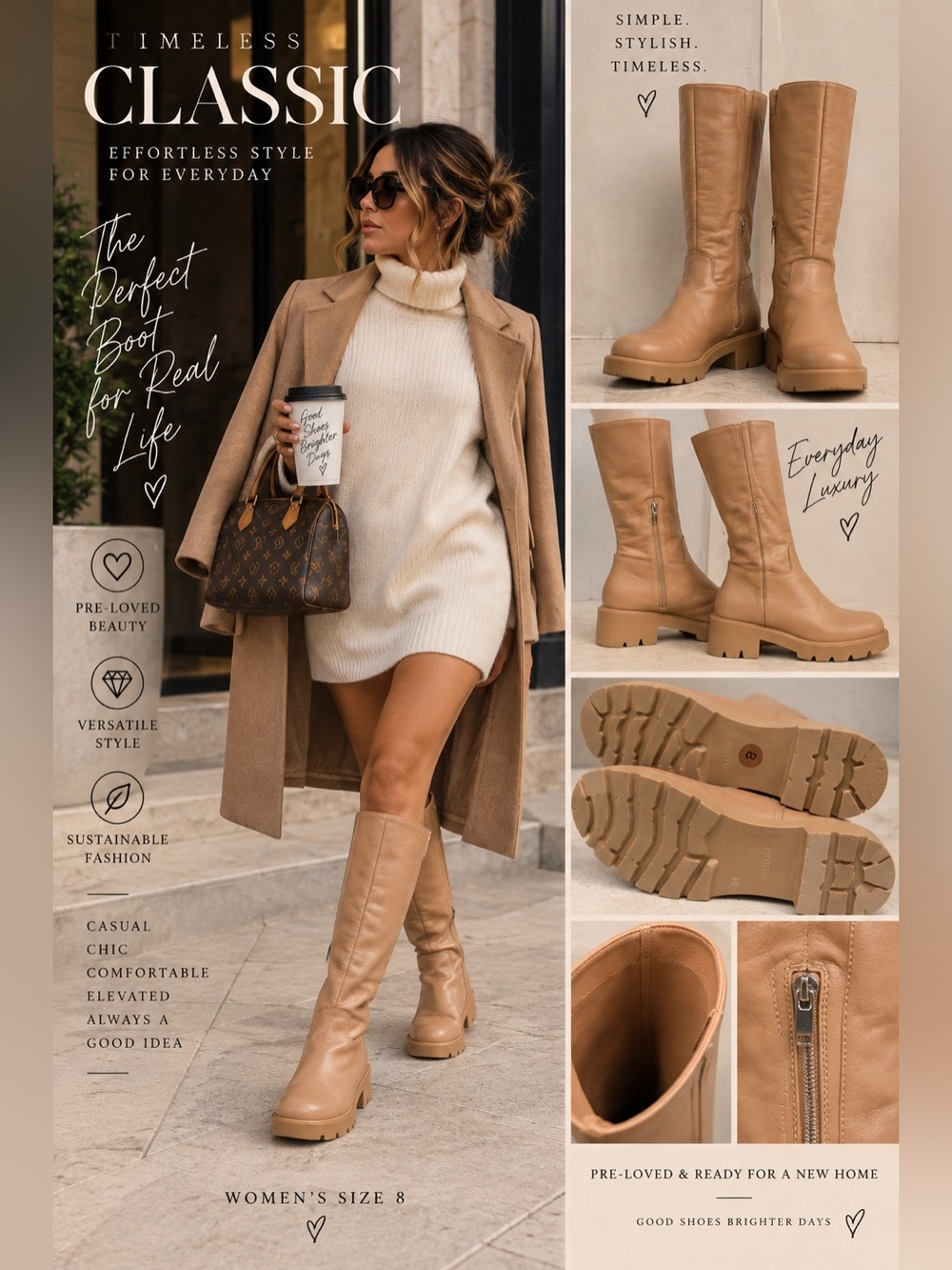 Nine West Womens Beige Knee High Boots Side Zip Chunky Sole Sz 8